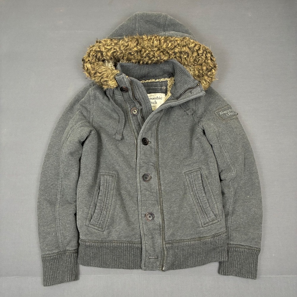 Y2K Abercrombie & Fitch Gray Sherpa Lined Fur Hood Jacket Women's Size Small